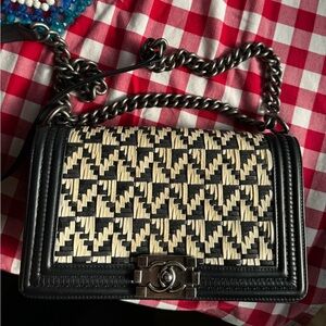 Chanel Medium Boy Flap Bag Calfskin Woven Black White Rare